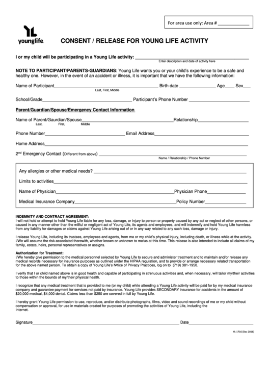 Consent Release Form For Young Life Activity