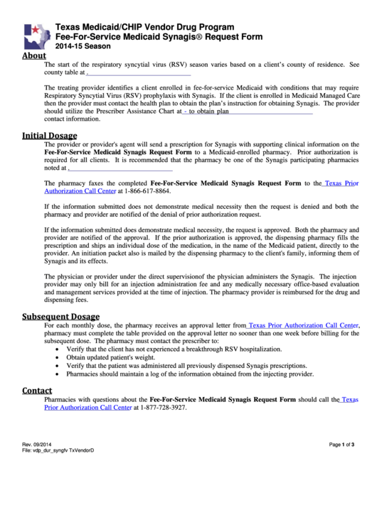 2014-15 Season Fee-For-Service Medicaid Synagis Request Form Printable pdf