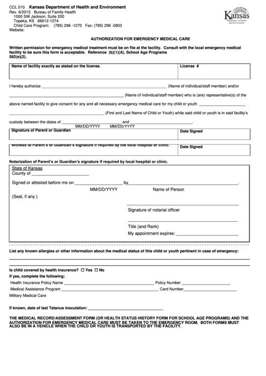 Form Ccl 010 - Authorization For Emergency Medical Care Printable pdf