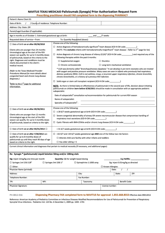 Navitus Texas Medicaid Palivizumab (Synagis) Prior Authorization Request Form Printable pdf