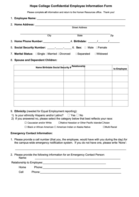 Hope College Confidential Employee Information Form Printable pdf