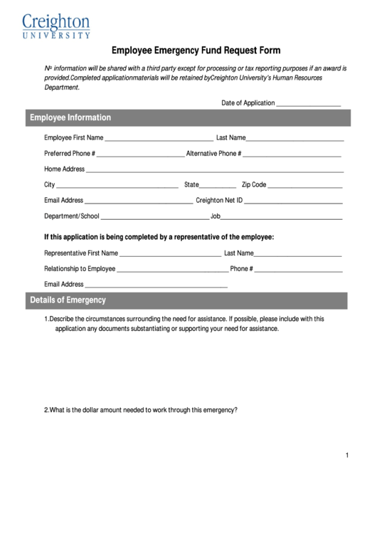 Employee Emergency Fund Request Form Printable pdf