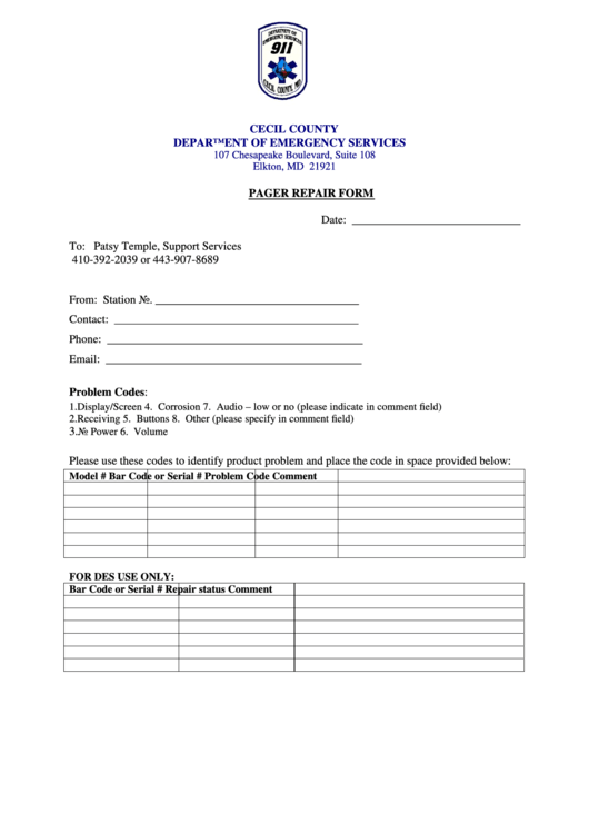 Cecil County Department Of Emergency Services Pager Repair Form Printable pdf