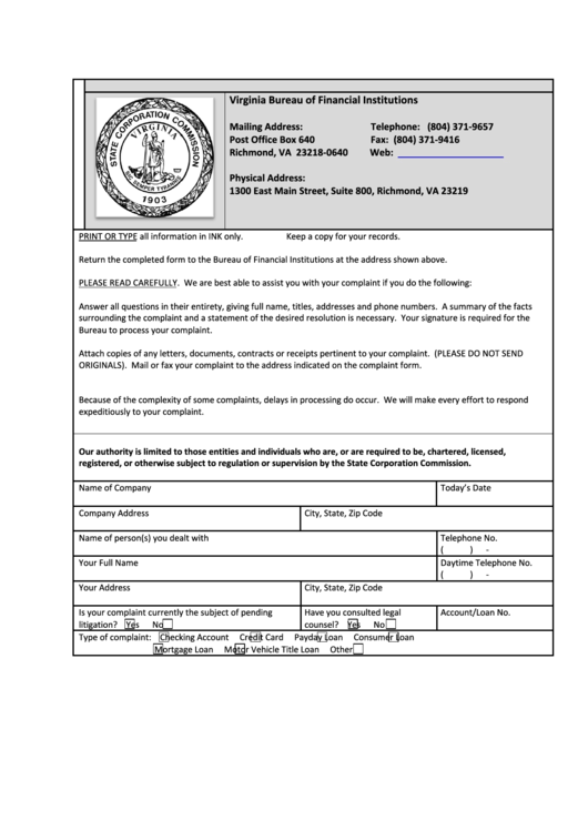 Virginia Post Office Complaint Form Printable pdf