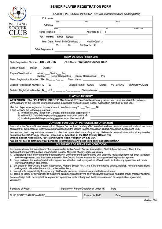 Welland Soccer Club Senior Player Registration Form Printable pdf