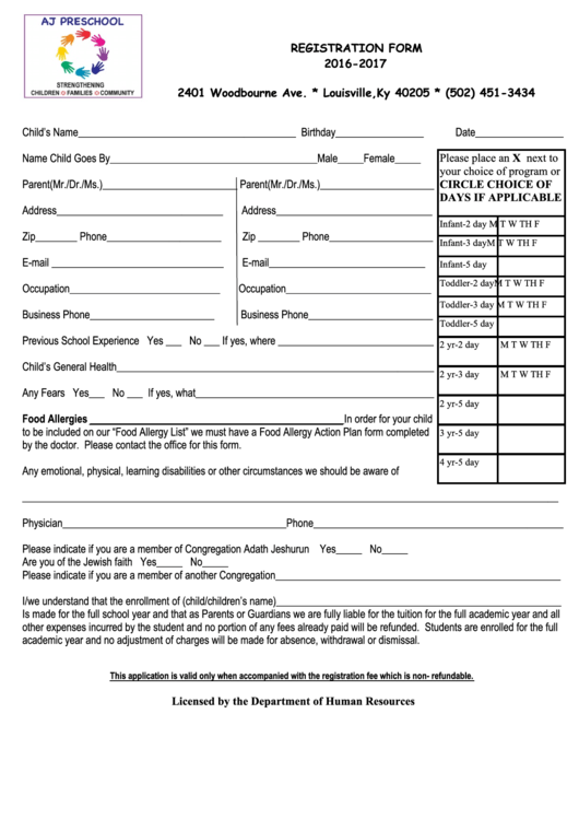 Preschool Registration Form Printable Pdf Download