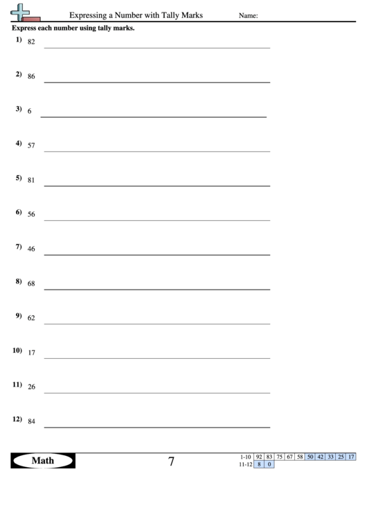 Expressing A Number With Tally Marks Worksheet Printable pdf