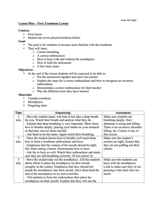 Trombone Lesson Plan Template Printable pdf