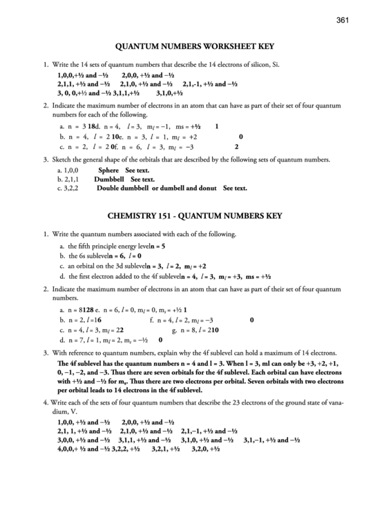 Quantum Numbers Worksheet Key Printable Pdf Download