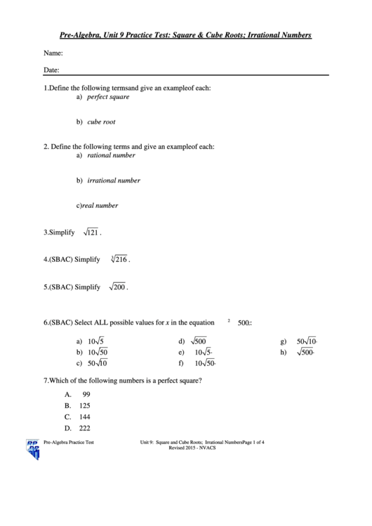 Pre-Algebra, Unit 9 Practice Test Worksheet Printable pdf