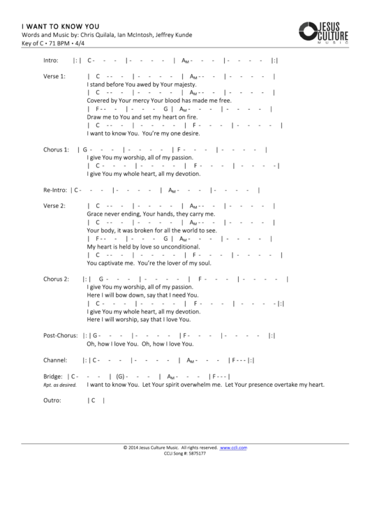 I Want To Know You Worship Chord Charts Printable pdf