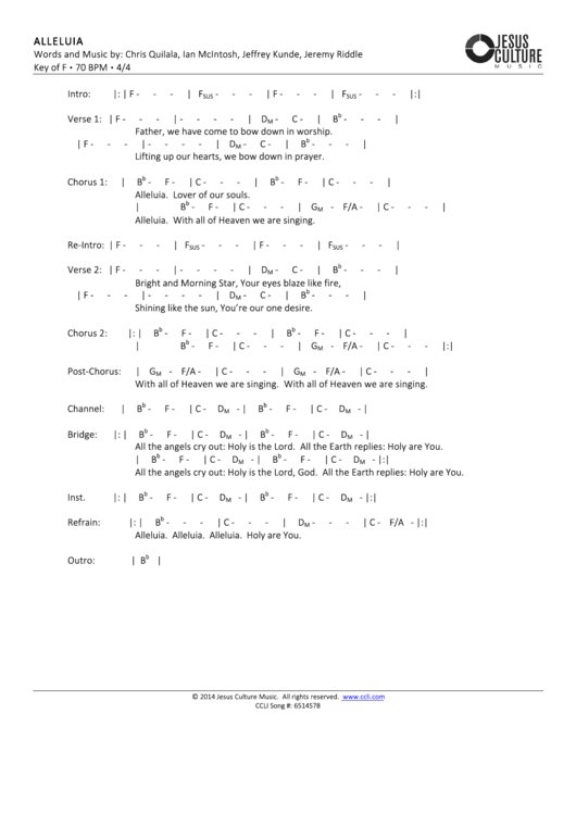 Alleluia Worship Chord Charts Printable pdf