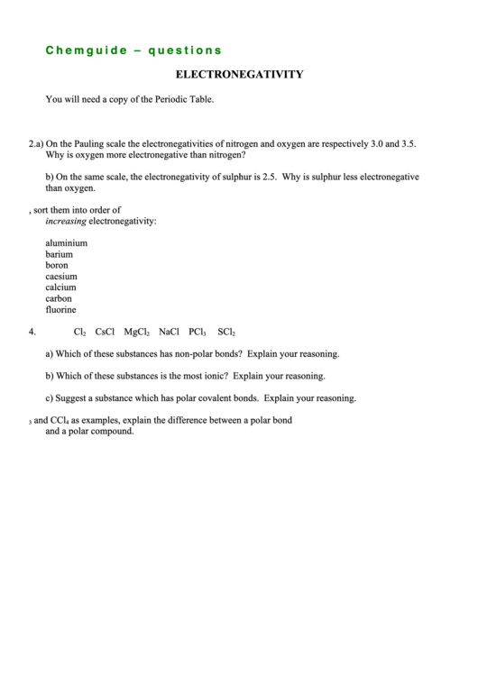 Questions On Electronegativity Printable pdf