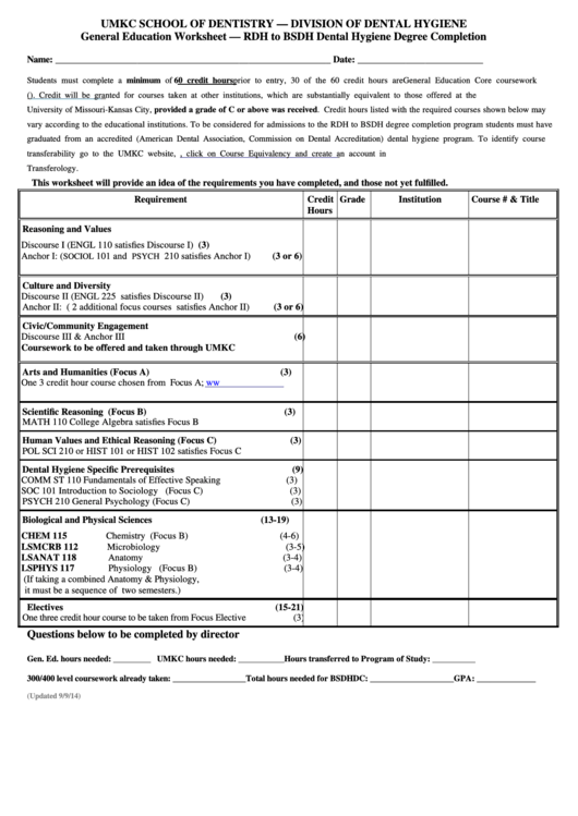 General Education Worksheet - Rdh To Bsdh Dental Hygiene Degree Completion Printable pdf