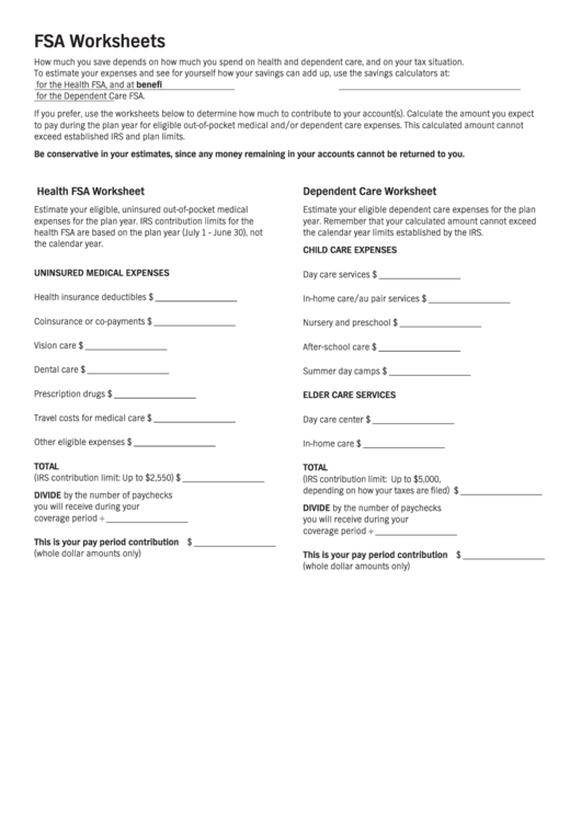 Fsa Worksheet Dependent Care Printable pdf