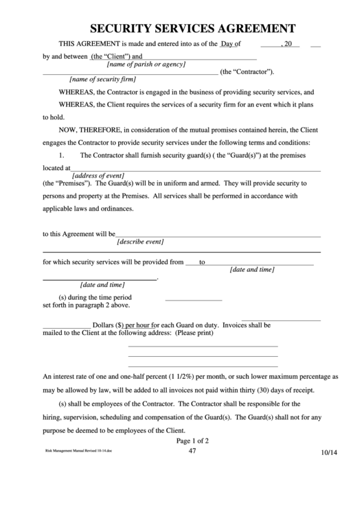 Fillable Security Services Agreement Printable pdf