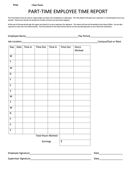 Fillable Part-Time Employee Time Report Printable pdf