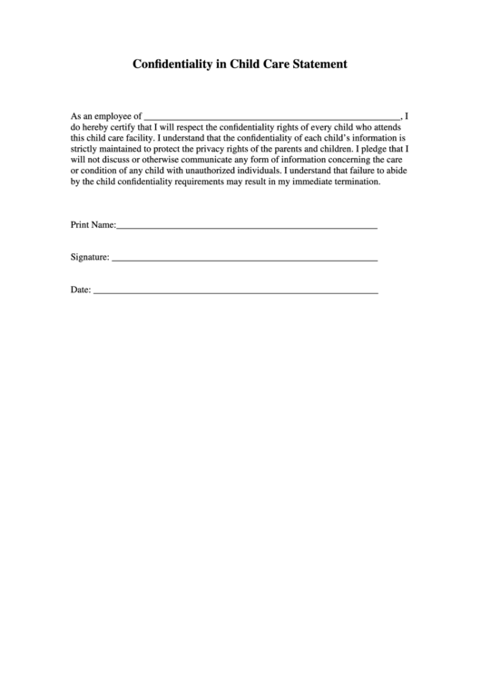 Confidentiality In Child Care Statement Printable pdf