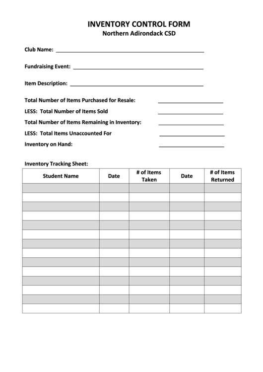 Fillable Inventory Control Form Printable pdf