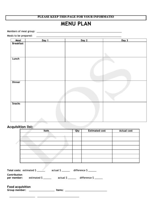 Menu Planning Template Printable pdf