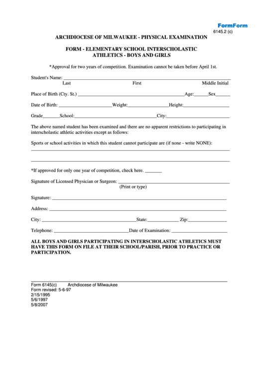 Physical Examination Form Printable pdf