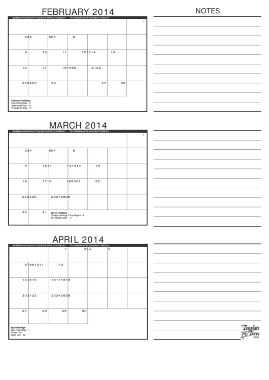 February, March & April 2014 Calendar Template Printable pdf