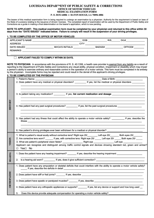 Fillable Medical Examination Form - Louisiana Department Of Public Safety & Corrections Printable pdf