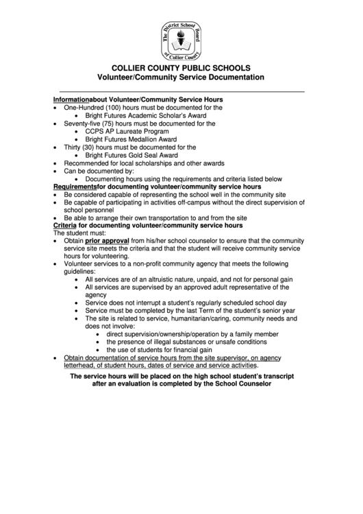 Community Service Form - Collier County Public Schools Printable pdf