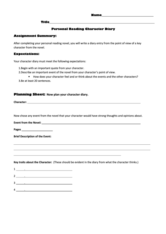 Personal Reading Character Diary Printable pdf