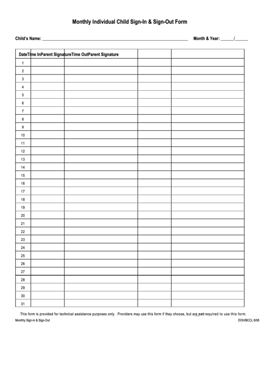 Monthly Individual Child Sign-In & Sign-Out Form Printable pdf