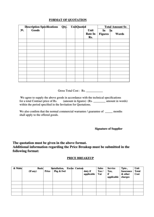 Format Of Quotation Template Printable pdf