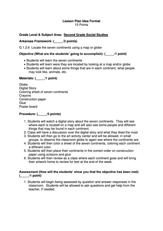 Lesson Plan Idea Format Printable pdf