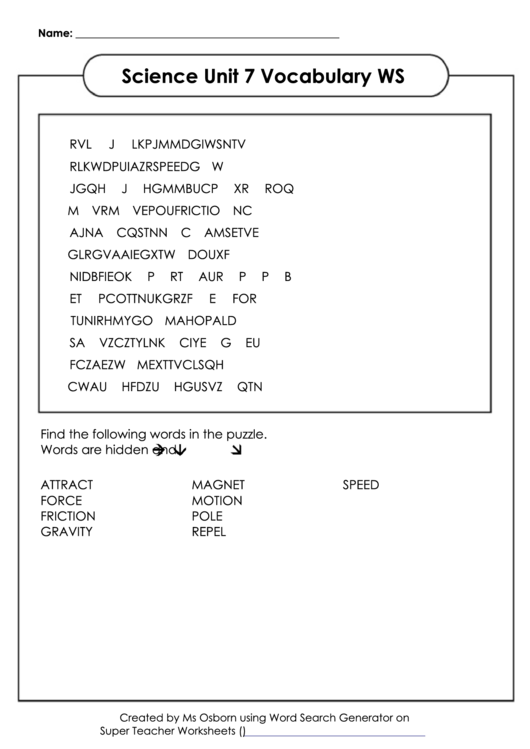 Fillable Science Unit 7 Vocabulary Ws Printable pdf
