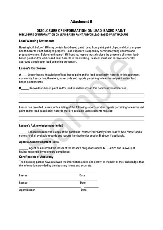 Sample Disclosure Of Information On Lead-Based Paint Form Printable pdf