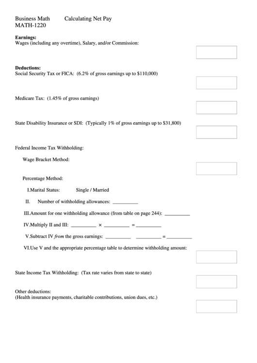Calculating Net Pay Worksheet Printable pdf