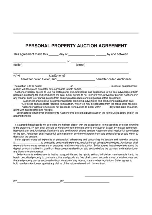 Personal Property Auction Agreement Printable pdf