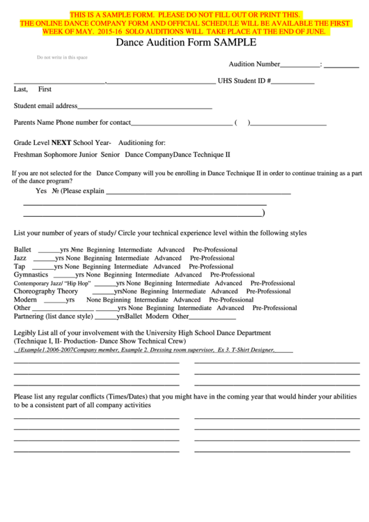 Dance Audition Form Sample Printable pdf