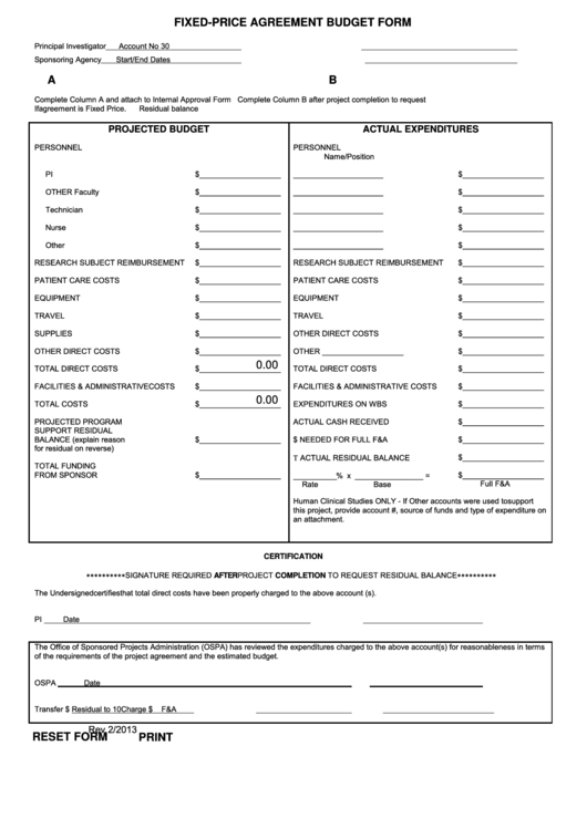 Fixed-price Agreement Budget Form