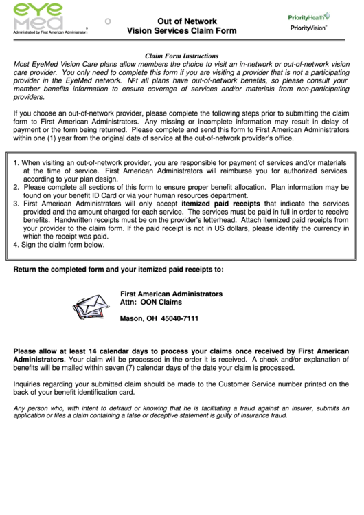 Vision Services Claim Form - 2013 Printable pdf