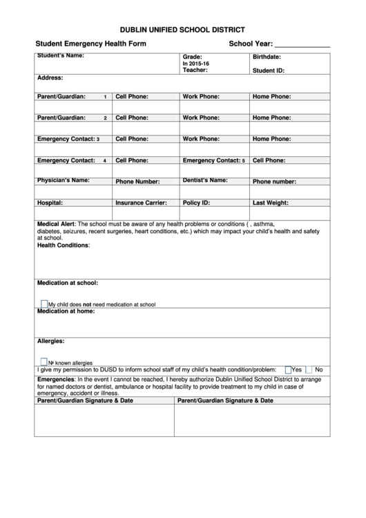 Fillable Student Emergency Health Form - Dublin Unified School District Printable pdf