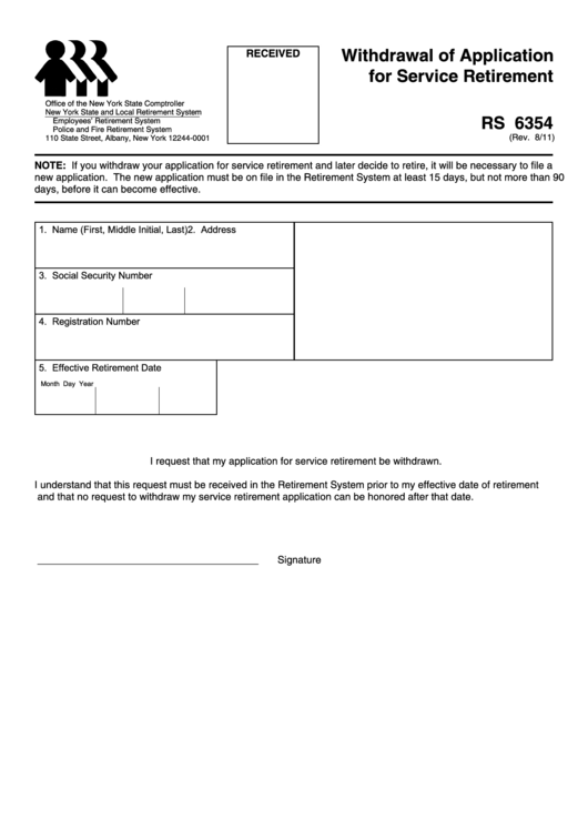 Fillable Withdrawal Of Application For Service Retirement Rs 6354 Printable pdf