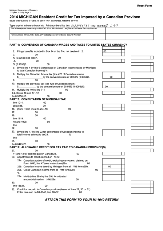 Fillable Form 777 - Michigan Resident Credit For Tax Imposed By A Canadian Province - 2014 Printable pdf