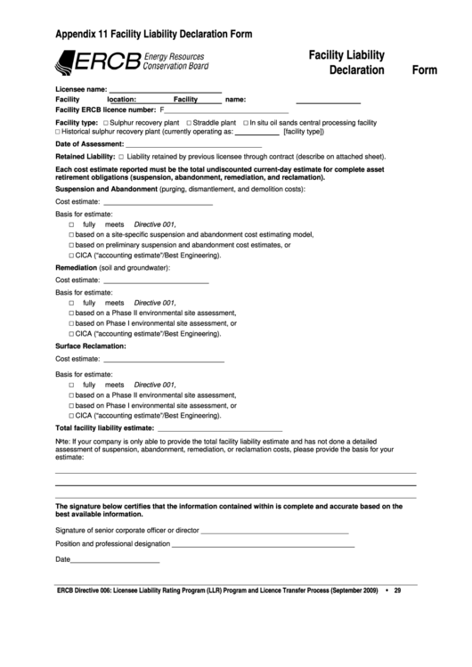 Facility Liability Declaration Form Printable pdf