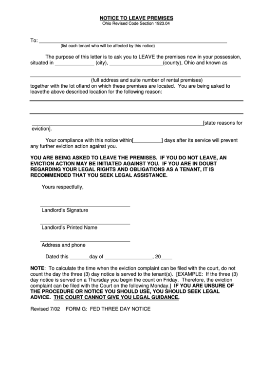 Notice To Leave Premises Template - Ohio Printable pdf