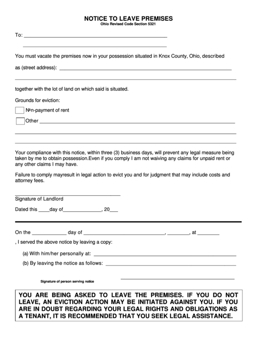Fillable Notice To Leave Premises - Mount Vernon Municipal Court Printable pdf