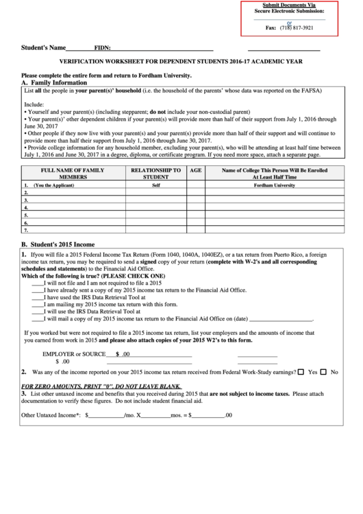 Verification Worksheet For Dependent Students Printable pdf