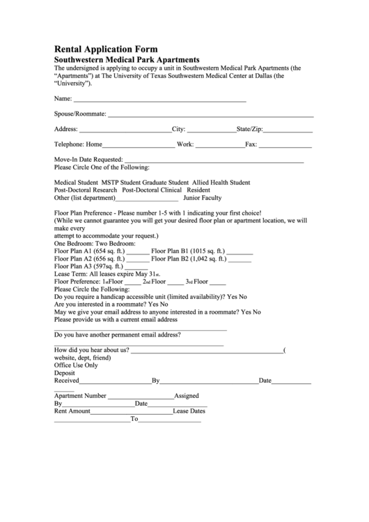 Rental Application Form Ut Southwestern Printable pdf