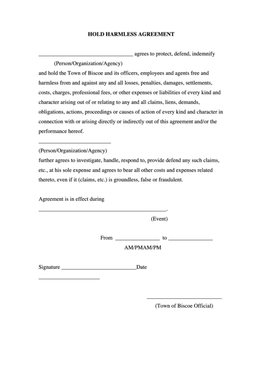 Hold Harmless Agreement Template Printable pdf