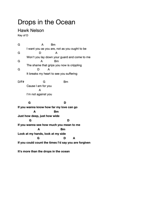 Fillable Drops Chord Chart; Key Of D - Hawk Nelson Printable pdf