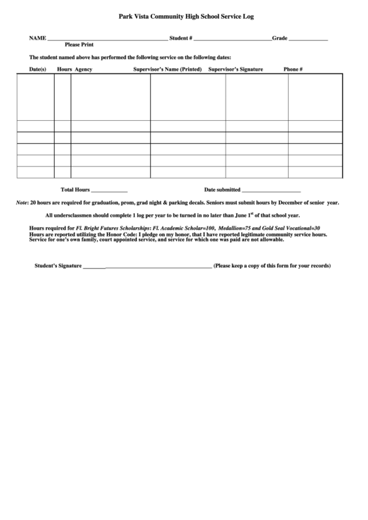 Park Vista Community High School Service Log Printable pdf